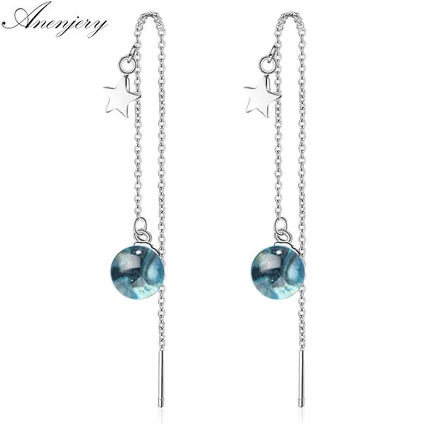 

anenjery artificial crystal blue planet long tassel earrings for women 925 sterling silver star earrings boucle d'oreille s-e667