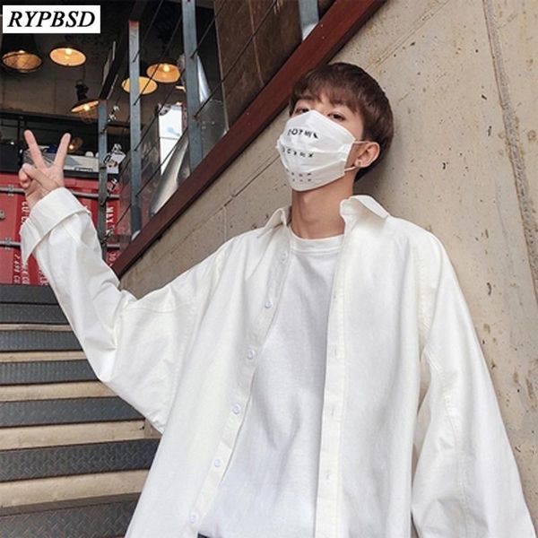 

oversized white shirt korean fashion trend loose long-sleeved mens shirt wild solid color turn down collar casual men blouses, White;black