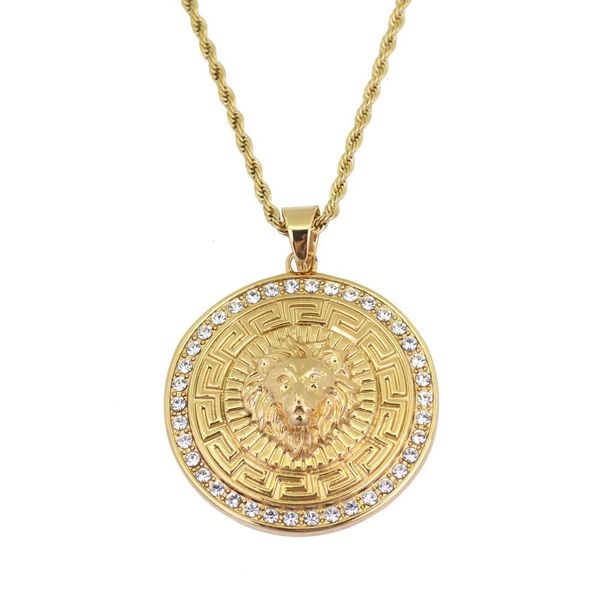 

hip hop lion head diamonds round pendant necklaces for men western golden luxury necklace stainless steel cuban chains jewelry, Silver