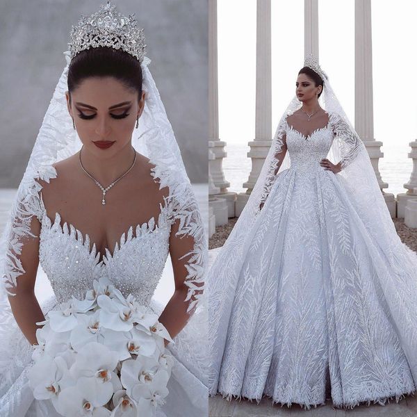 

2020 luxurious beaded arabic wedding dresses ball gown long sleeves tulle 3d appliques sequins fitted lace bridal gowns robe de mariee, White