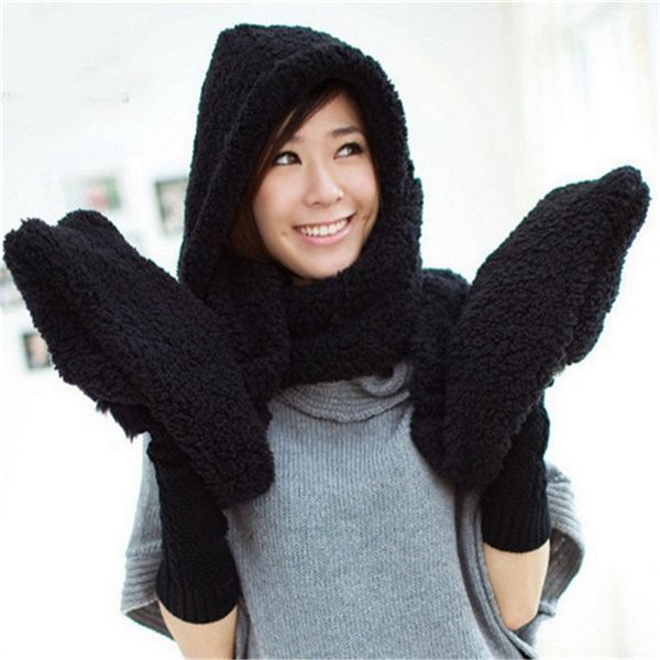 

fashion women winter warm soft plush faux fur hooded cap hat scarves hood pocket gloves scarf women accessories 7236, Blue;gray