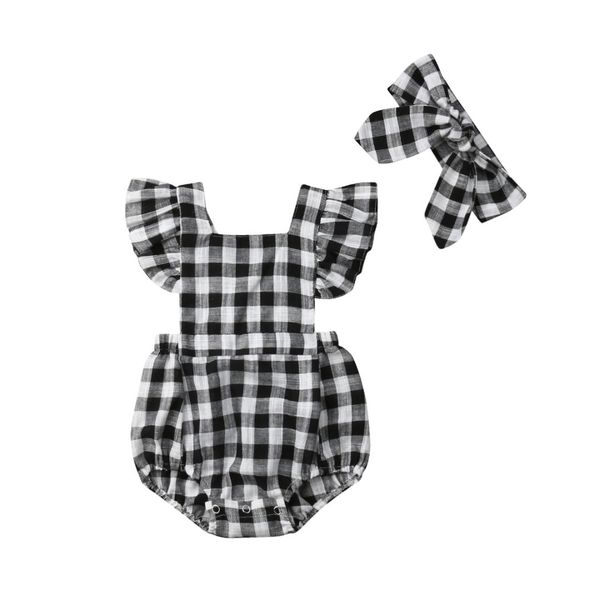 

baby clothes newborn baby girl plaid sleeveless bodysuit jumpsuit headband outfit clothes size 0-24m, White