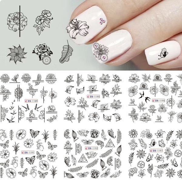 

12pc flamingo tropical water decals black flower grid plaid nail art stickers peacock coconut animals nail sticker water slide