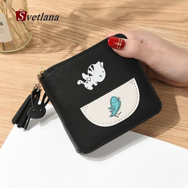 

cartoon cartoon women wallet small cute cat and fish wallets ladies short leather purses portefeuille female purse clutch, Red;black
