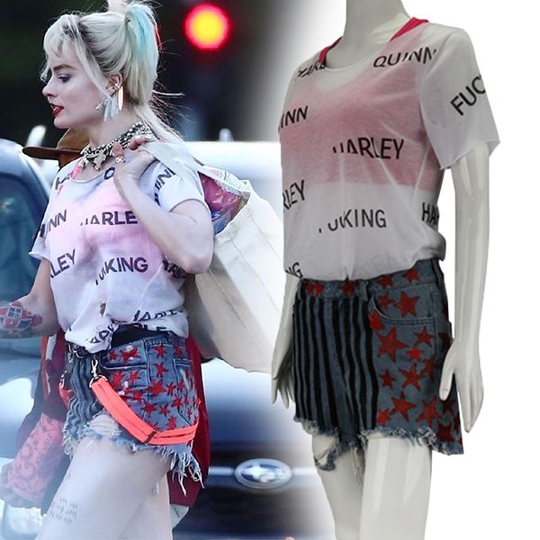 

2020 new movie birds of prey cosplay costume harley quinn cosplay t-shirt/pants outfit carnival/halloween party costumes for women s-xxl, Black