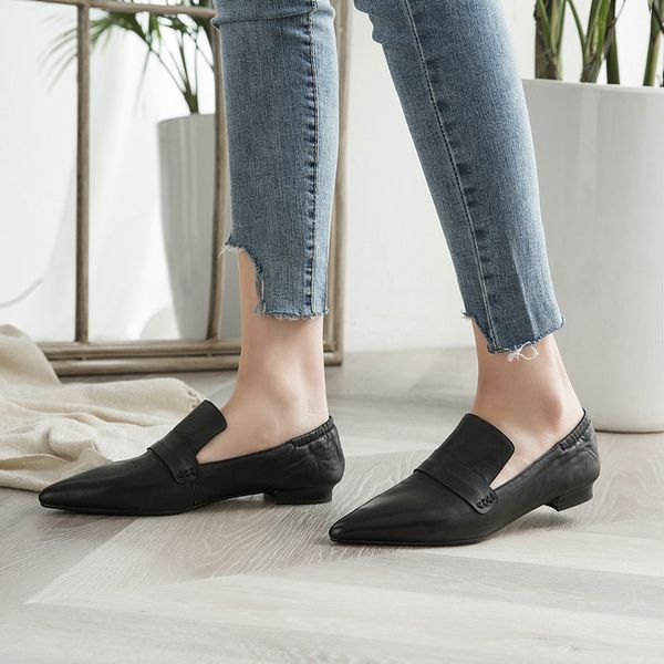 

new fashion genuine leather women pumps summer pointed toe low heels party prom sandals office shoes woman, Black