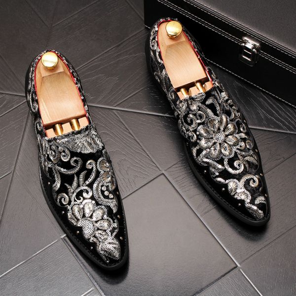 

british style men casual wedding party dresses cow leather shoes young gentleman slip on smoking slippers point toe loafer male, Black