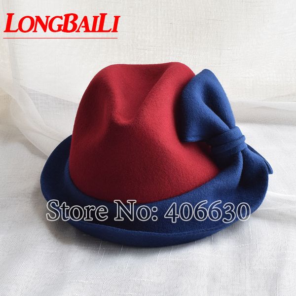 

winter guaranted 100% wool felt fedora hat for women leisure patchwork bow chapeau caps eldw030, Blue;gray