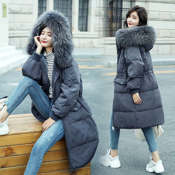 

2019 winter coat women's mid-length hooded fur collar lace-up waist hugging thick down feather cotton-padded clothes cotton coat, Blue;black