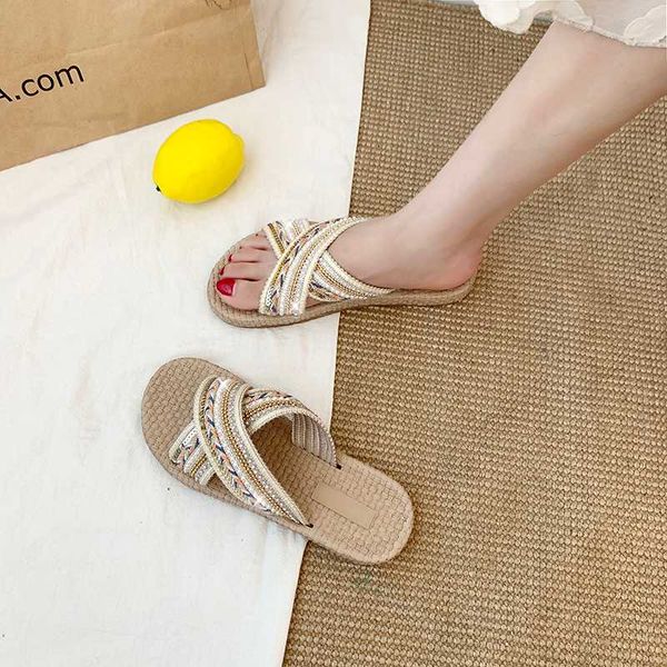

shoes ladies' slippers slipers women cross-tied low slides 2020 soft flat cotton fabric rome rubber ethnic pu, Black