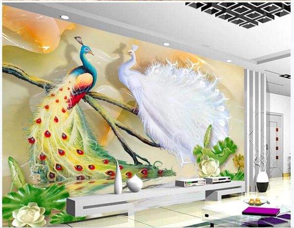 

p wall murals wallpaper jade peacock lotus fashion living room tv background wall