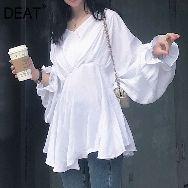 

deat] 2019 new spring summer v-collar long lantern sleeve fold stitch loose big size shirt women blouse fashion tide jq975, White