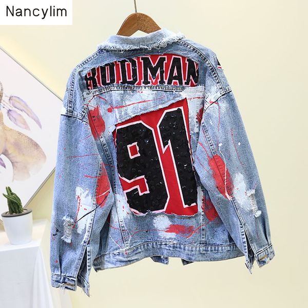 

autumn jacket female and male 2019 new heavy hole graffiti sequins jeans short coat student jacket streetwear short coats women, Black;brown