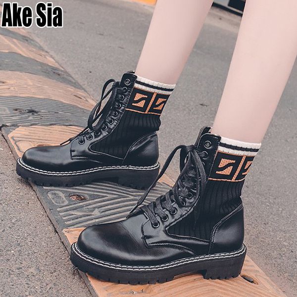 

lady women feminine winter warmth knitting stretch fabric ankle boots bottine med heels lace up short booties shoes c254, Black