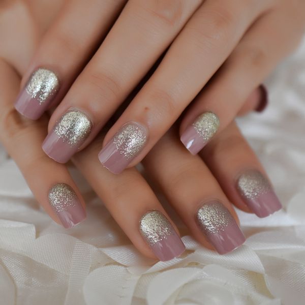 

glitter square short glued nail light purple silver powder concise designed fake nails glued on back gel false nails, Red;gold