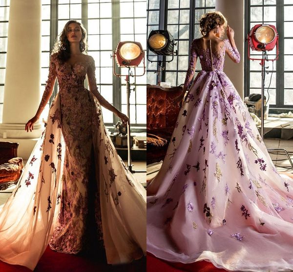 

великолепная 3d флора аппликации формальные вечерние платья со съемной юбкой mermaid sheer шеи длинного рукавом pageant знаменитость халаты, Black;red