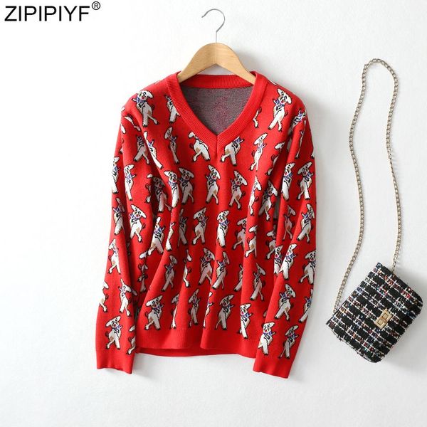 

europe-american 2019 new arrival genuine spring v-neck long sleeve pig print loose knit women sweaters q950, White;black