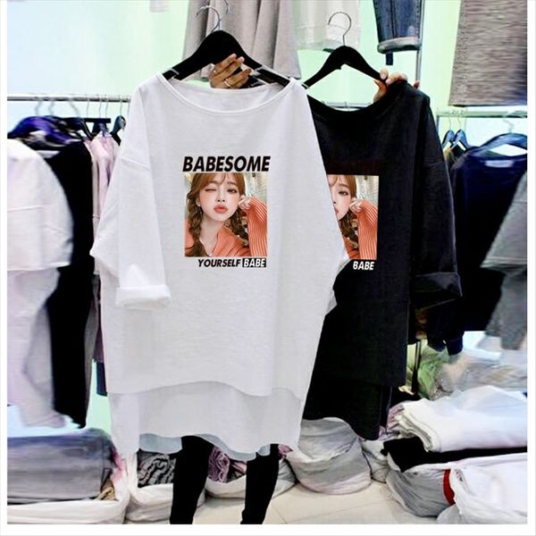 

large size women's t- mid-long long sleeve 2020 fat mm200 kg loose base shirt slim underpants t-shirt underpants top, White