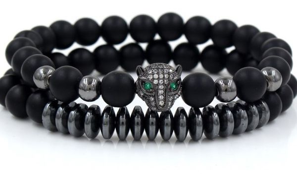

6mm 2pcs/lot hjj2 gold silver copper cz zircon cubic zirconia elastic adjusted charm nature stone frosted agate onyx bracelet, Black