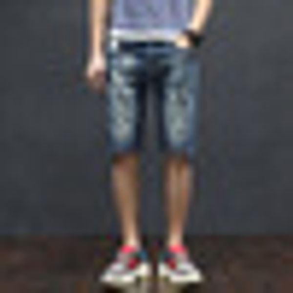 

2019 new summer knee length men jeans shorts blue straight casual denim pants thin stretch pocket patches ripped jeans male
