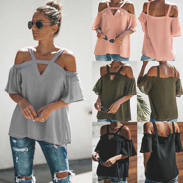 

women off shoulder blouses v neck short sleeve loose summer blouse women clothing, White