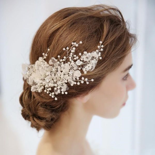 Charming Lace Flower Bridal Barrettes Hair Clip Pearls Wedding