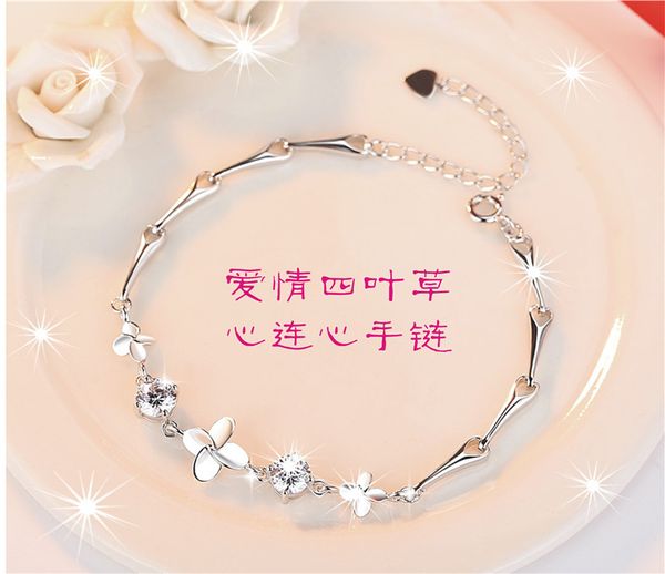 

fashion jewelry clover bracelet; fashion japanese and korean version of jasmine bracelet; white copper plated silver hand jewelry. length 18, Black