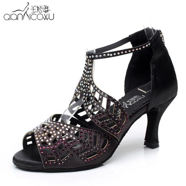 

dileechi women satin latin dancing shoes black color red skin high-grade bottom salsa party ballroom dance shoes heel 7.5cm