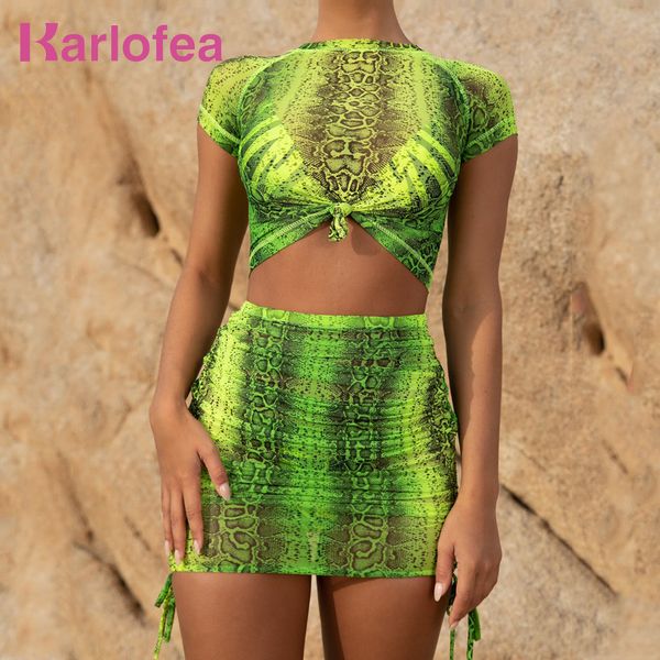 

karlofea mesh snake print bikini cover sets women summer see through crop and ruched skirt beachwear vacation outfits suit, White