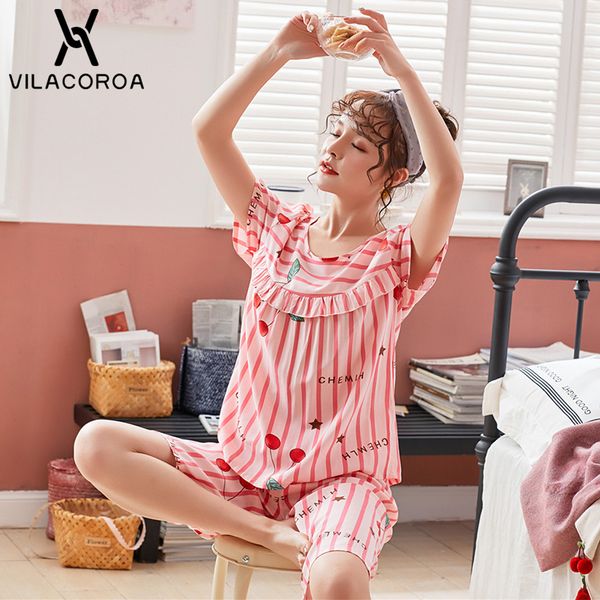 

summer cotton silk pajamas set women stripe short sleeve round neck + knee-length pant 2 piece set pajama women sleepwear, Blue;gray