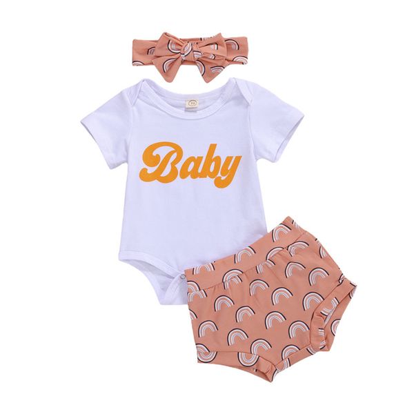 

0-18m newborn baby girls clothes romper jumpsuit rainbow short pants headband outfits set, White