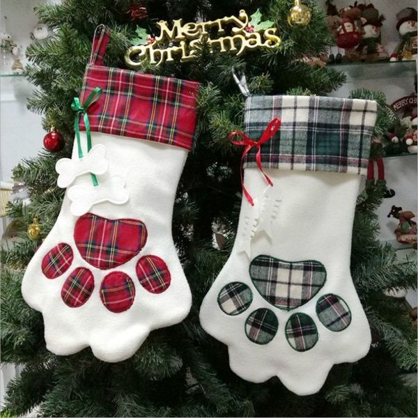 

clearance stockings christmas home decoration accessories plaid christmas gift bags pet dog cat paw stocking socks xmas tree ornaments