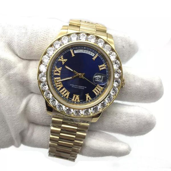 

Hot sale 43mm Big Diamonds Mens Watch Gold President Sapphire Cystal Men Watches Automatic Mechanical Movement Male Wrist Watch Day-Date