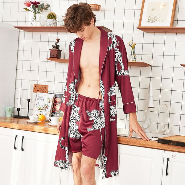 

men print robe&shorts home dressing robe satin sleepwear burgundy novelty home dress nightgown short bathrobe kimono gown, Black;brown