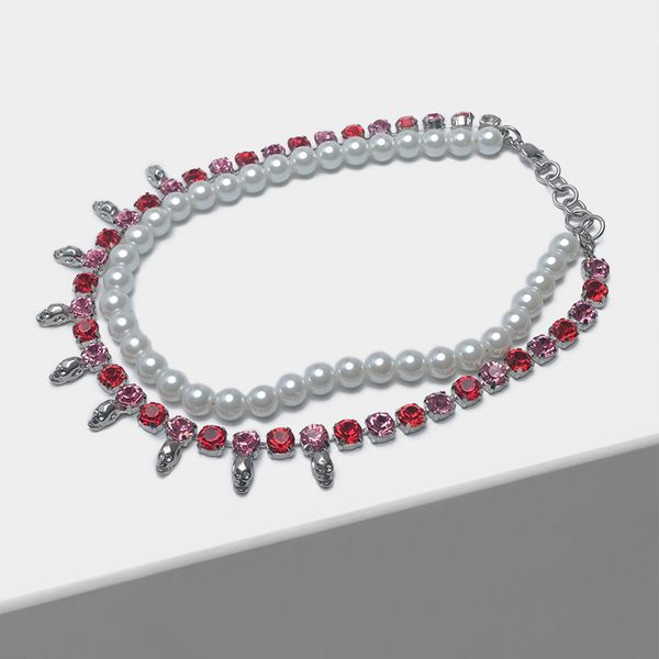 

amorita boutique skull and bones fashion pearl double necklace, Silver