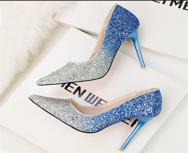 

fashionable club pointed-toe pumps, slim-heeled sequins and single-color shoes, Black