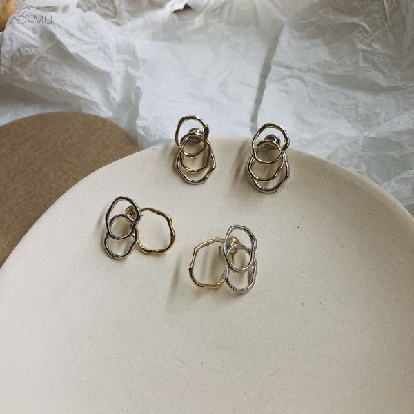 

aomu s925 sterling silver pin fashion multilayer irregular hollow round metal stud earrings for women gifts party jewelry, Golden;silver