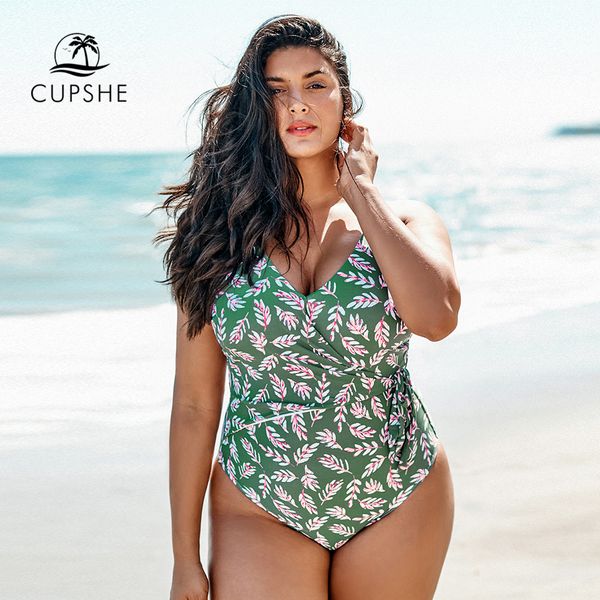 

cupshe plus size leafy print v-neck one piece swimsuit women large open back monokini bathing suit 2020 girl beach swimwear, White;black