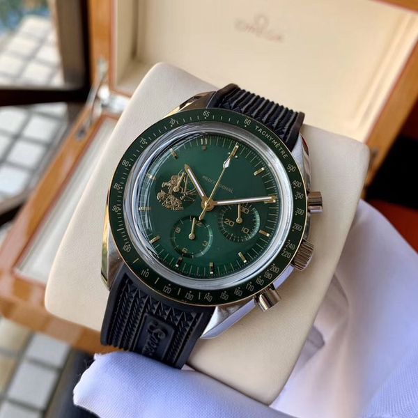 

new 50 th master apollo 11 310.20.42.50.01 os quartz chronograph mens watch satch green dial steel case rubber strap watches hello_watch, Slivery;brown