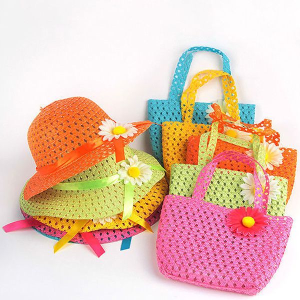

lovely multi color summer sun hat girls kids straw hat cap beach hats bag flower tote handbag bags suit brand new, Yellow