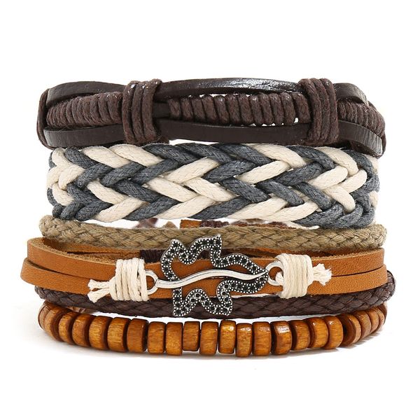 

3pcs/set multilayer rope leather braided bracelet bangle set for man woman adjustable wood bead wristband jewelry gift wholesale, Golden;silver