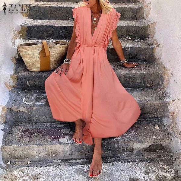 

5xl zanzea summer beach sundress sexy v шеи богемского платья партии женщина сплошных рукава кружево крючок длинные платья femme robe, Black;gray