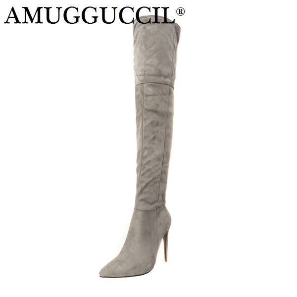 

2019 new plus big size 32-46 black gray yellow over the knee thigh high heel winter warm female lady women boots x1733