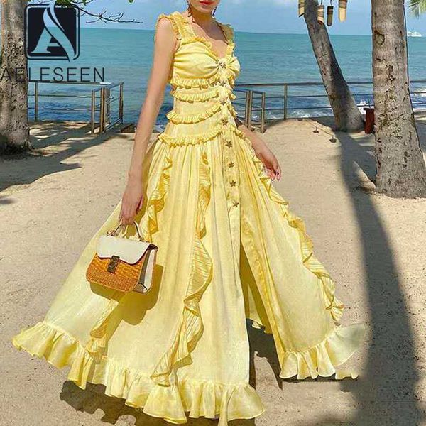

aeleseen runwat fashion yellow dress designer spaghetti strap ruffles v-neck split maxi long party holiday dress, Black;gray