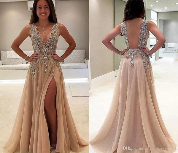 

color luxury beaded side split prom dresses deep v neck see through back party saudi arabic long evening dresses crystal plus size, Black;red