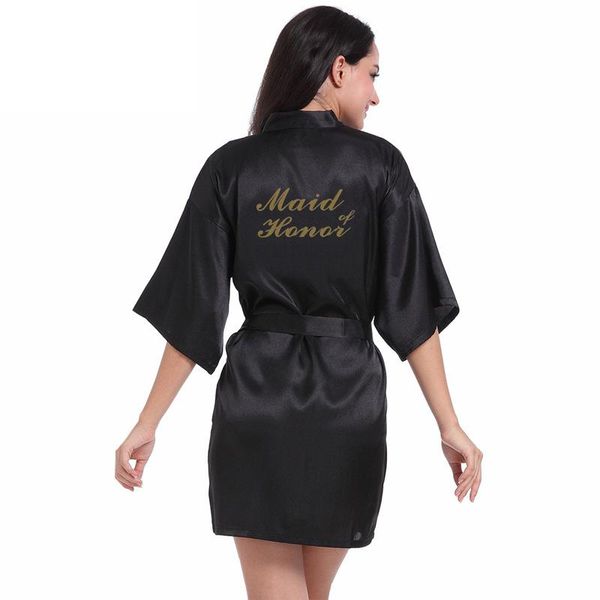 

satin women kimono bath gown letter "maid of honor" bride bridesmaid robe wedding gift leisure sleepwear solid nightdress, Black;red