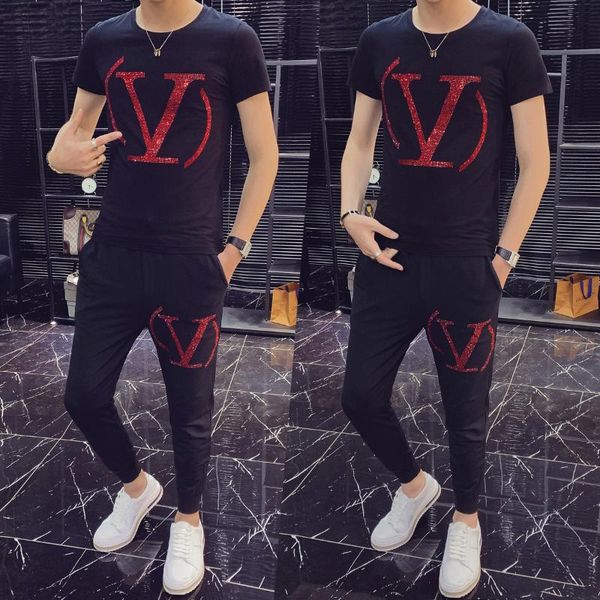 

марка tracksuit мужчины письмо rhinestone печать 2 шт каузального hip hop set мужчины sweatsuit с коротким рукавом футболка + pant sportwear, Gray