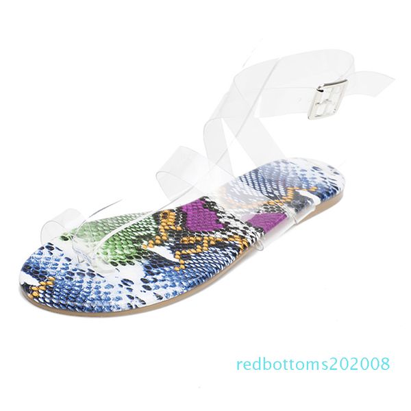 

summer 2020 designer women pvc clear low heels flats sandals gold snake print flat sandals flip flops plus size shoes 01d r08, Black