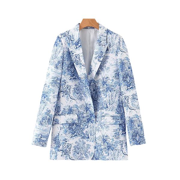 

women's blue print elegant blazer pocket long sleeve notched collar jacket female fashion coat outerwear, White;black