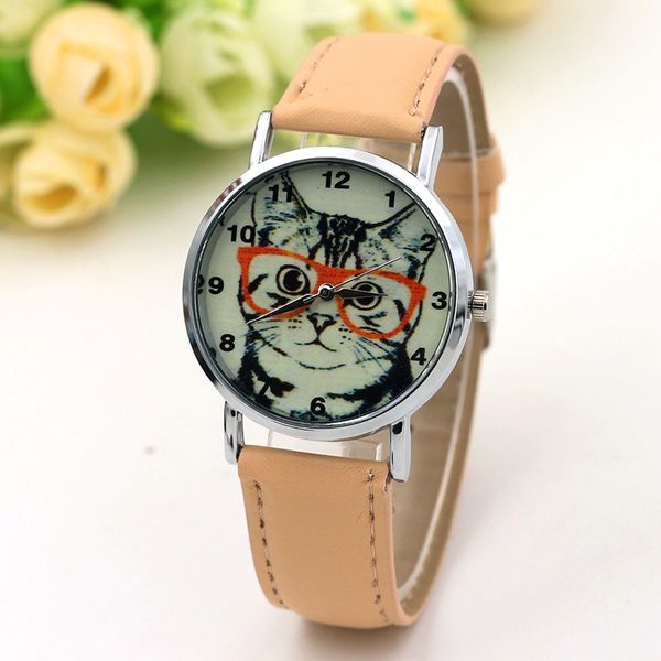 

2018 new lady's lovely leather watch silver watchcase eye cat pattern fashion personality women watch students men quartz, Slivery;brown